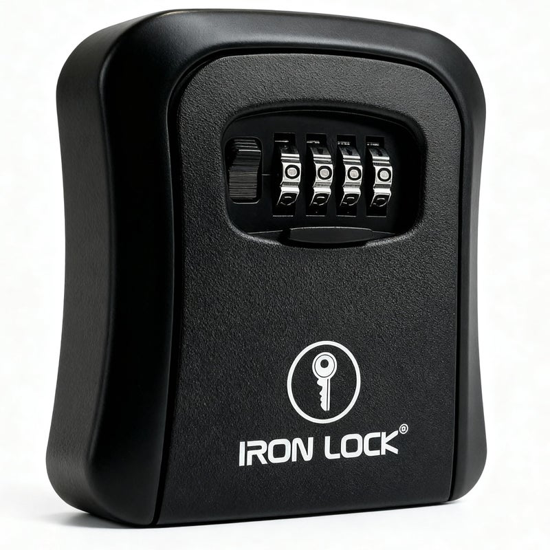 Iron Lock صندوق قفل المفاتيح Iron Lock® مثبت على الحائط - متوسط مقاوم للماء آمن معدني ثقيل مع تركيبة مكونة من 4 أرقام للوصول الخارجي، دخول المنزل، أمان المكتب، الإيجارات واستخدام Airbnb (أسود، متوسط) - Image 1